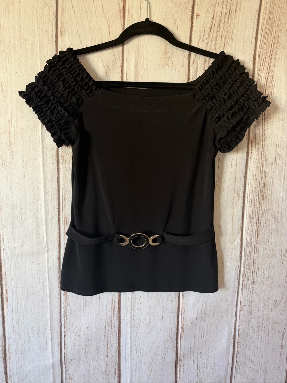 Frank Lyman Design Black Ruffle Sleeve Buckle Waist Top Size 6